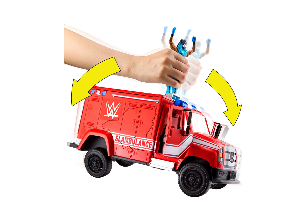 WWE Slambulance red toy vehicle playset with breakaway features and blue wrestler figure