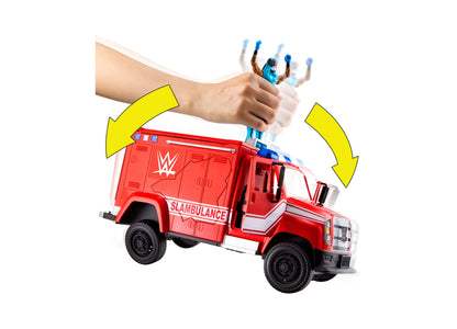 WWE Slambulance red toy vehicle playset with breakaway features and blue wrestler figure