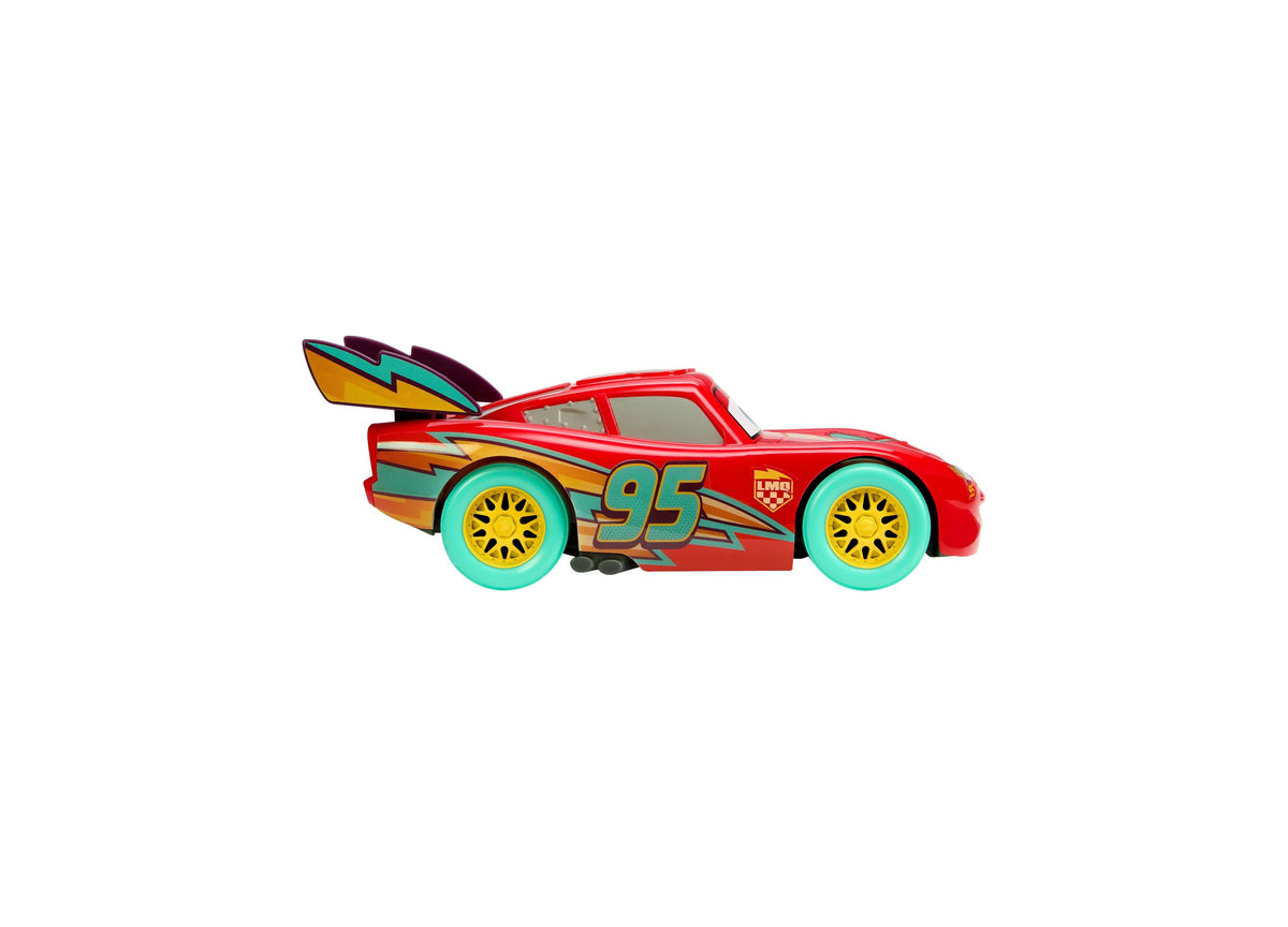 Red Lightning McQueen toy car #95 with turquoise wheels and colorful side graphics