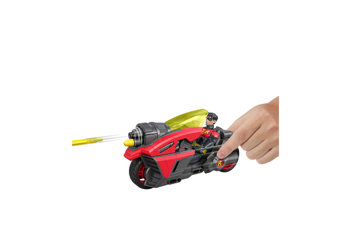 DC Comics Batlink Robin red motorcycle with projectile launcher, 6.5-inch poseable Robin figure, held in hand