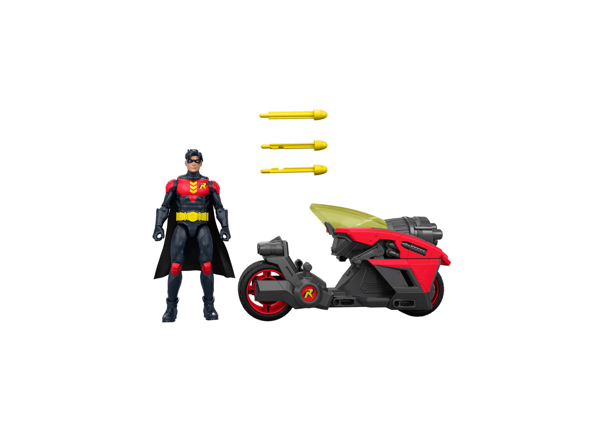 Robin 6.5-inch action figure in red and black costume with yellow belt, posed next to red and black motorcycle with y...
