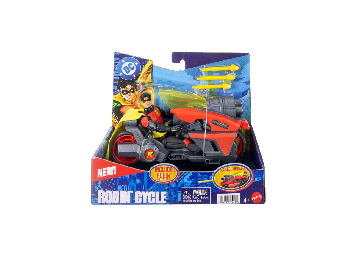 DC Comics Robin Cycle set with red motorcycle, Robin action figure in yellow and black, and three yellow projectiles