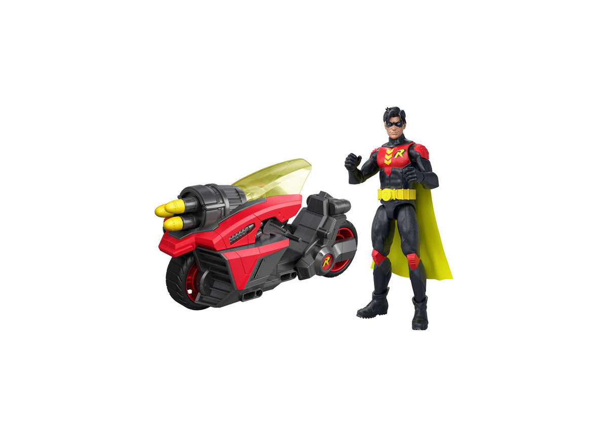 Robin 6.5-inch action figure in red, yellow and black costume with green cape, posed next to red and black motorcycle...