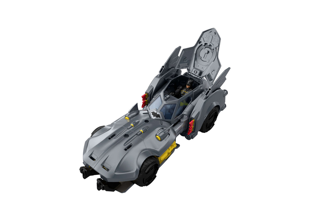 Gray Batman Bat-Drone vehicle with open flip-top canopy revealing driver seat, yellow accents, and red details