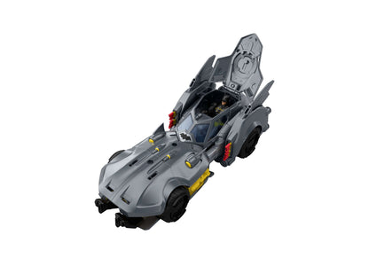 Gray Batman Bat-Drone vehicle with open flip-top canopy revealing driver seat, yellow accents, and red details