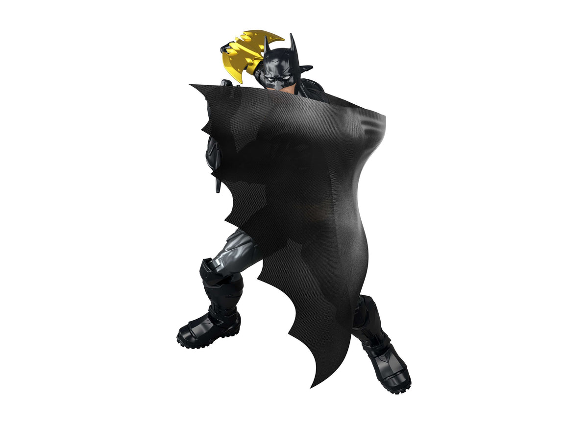 DC Comics Batman 12" Action Figure in black with yellow lightning bolt accessory, dynamic crouching pose