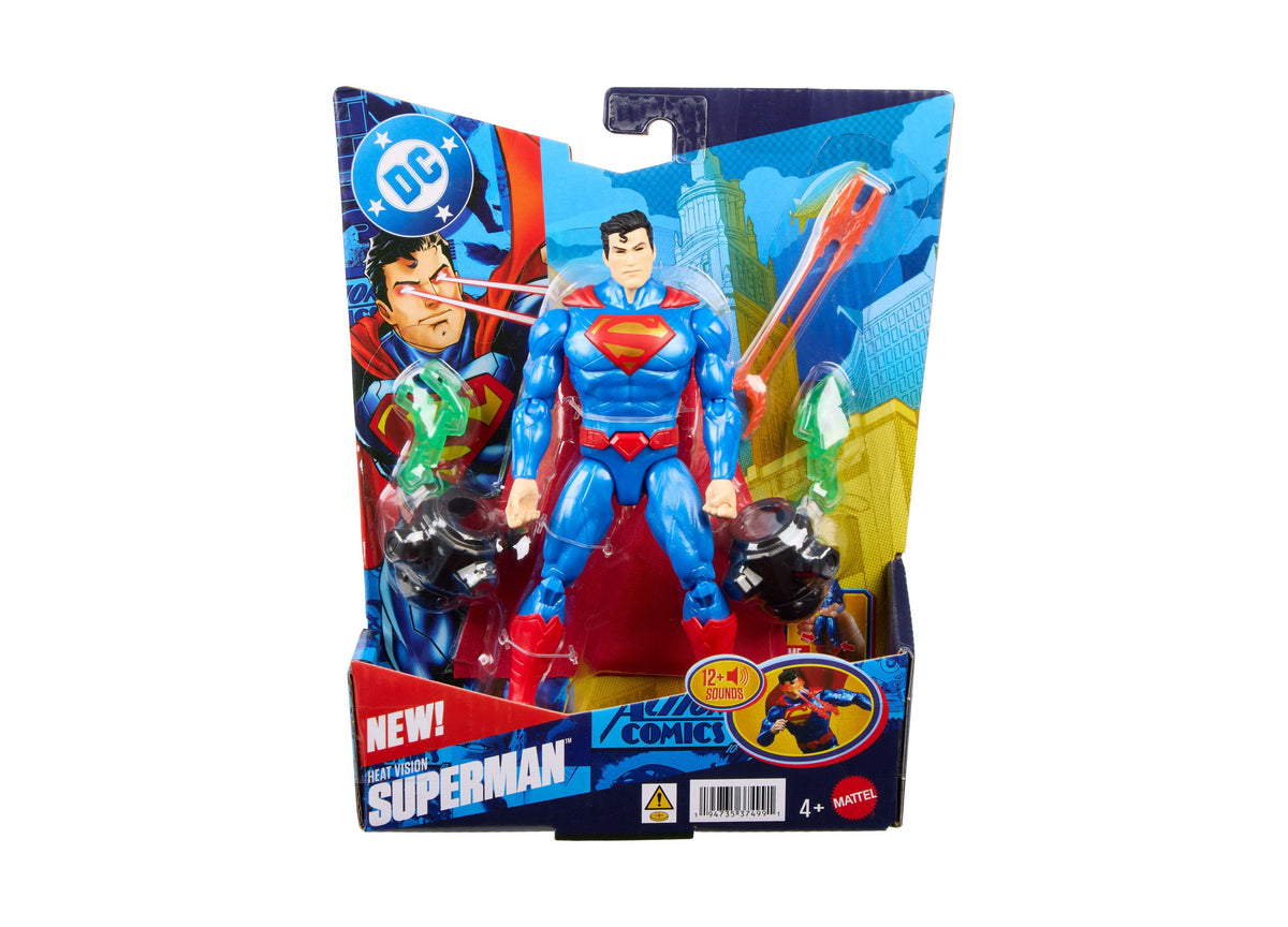 DC Comics Heat Vision Superman 6.5" action figure in blue and red suit with cape, shown in packaging with cityscape b...