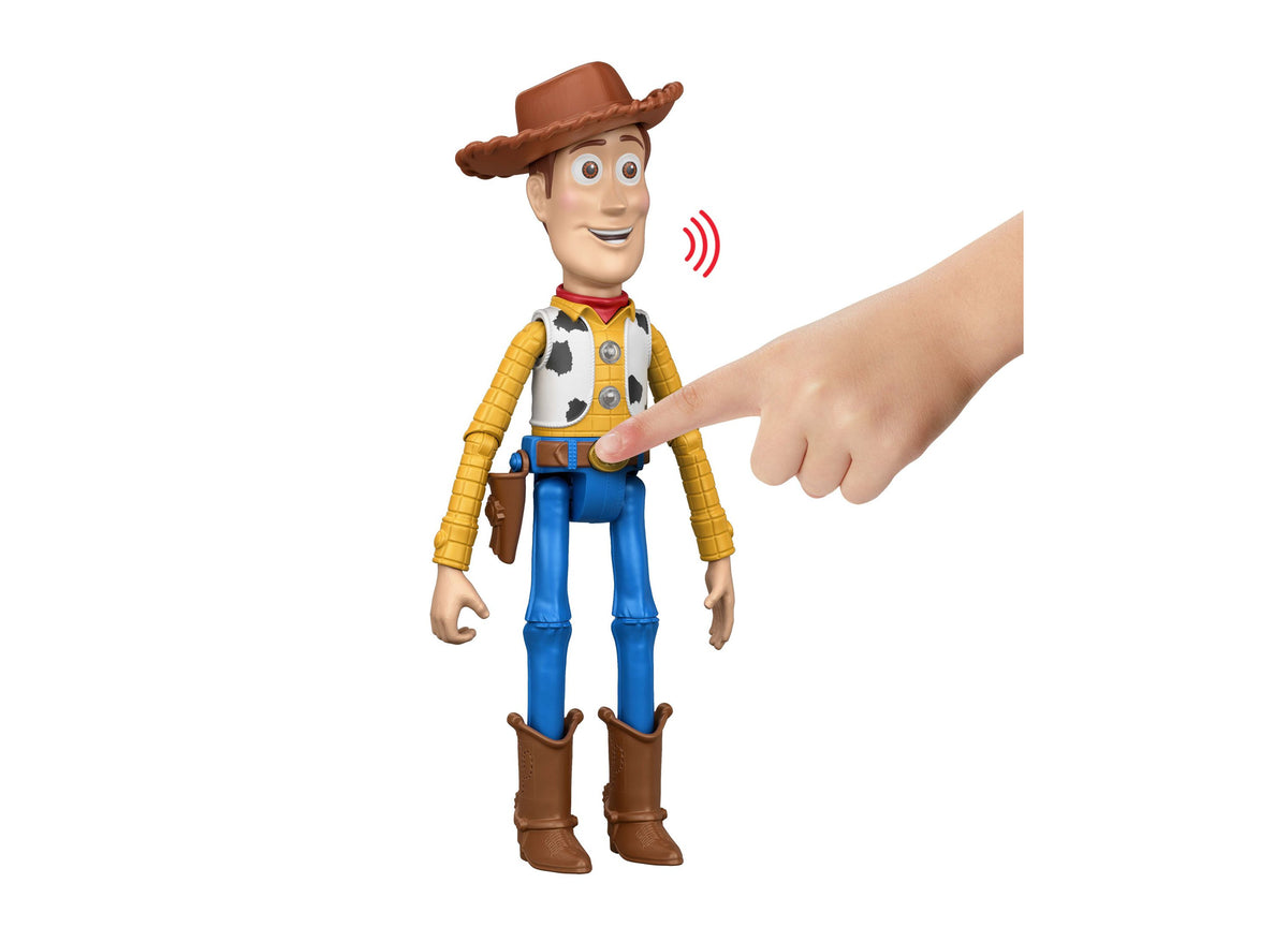 Toy Story Woody 12-inch interactable figure in cowboy hat, yellow shirt, and blue pants with hand pressing chest button