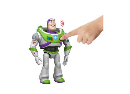 Buzz Lightyear interactable figure in green, purple and white space ranger suit with movable joints, shown with child...