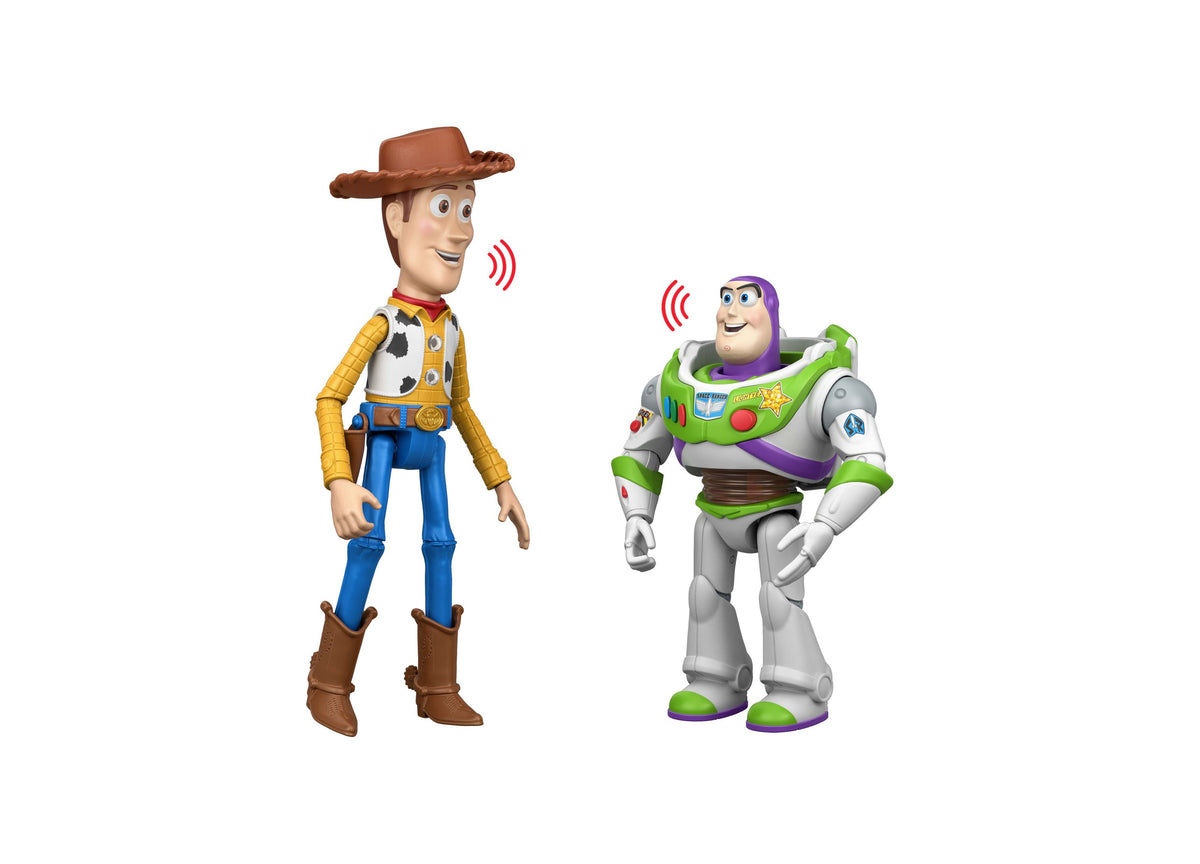 Toy Story Woody and Buzz Lightyear 12-inch figures with movable joints, shown communicating with red sound wave icons...