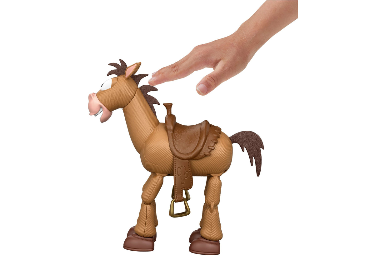 Toy Story Bullseye 12" figure with tan body, brown mane and tail, wearing saddle, with hand reaching to interact