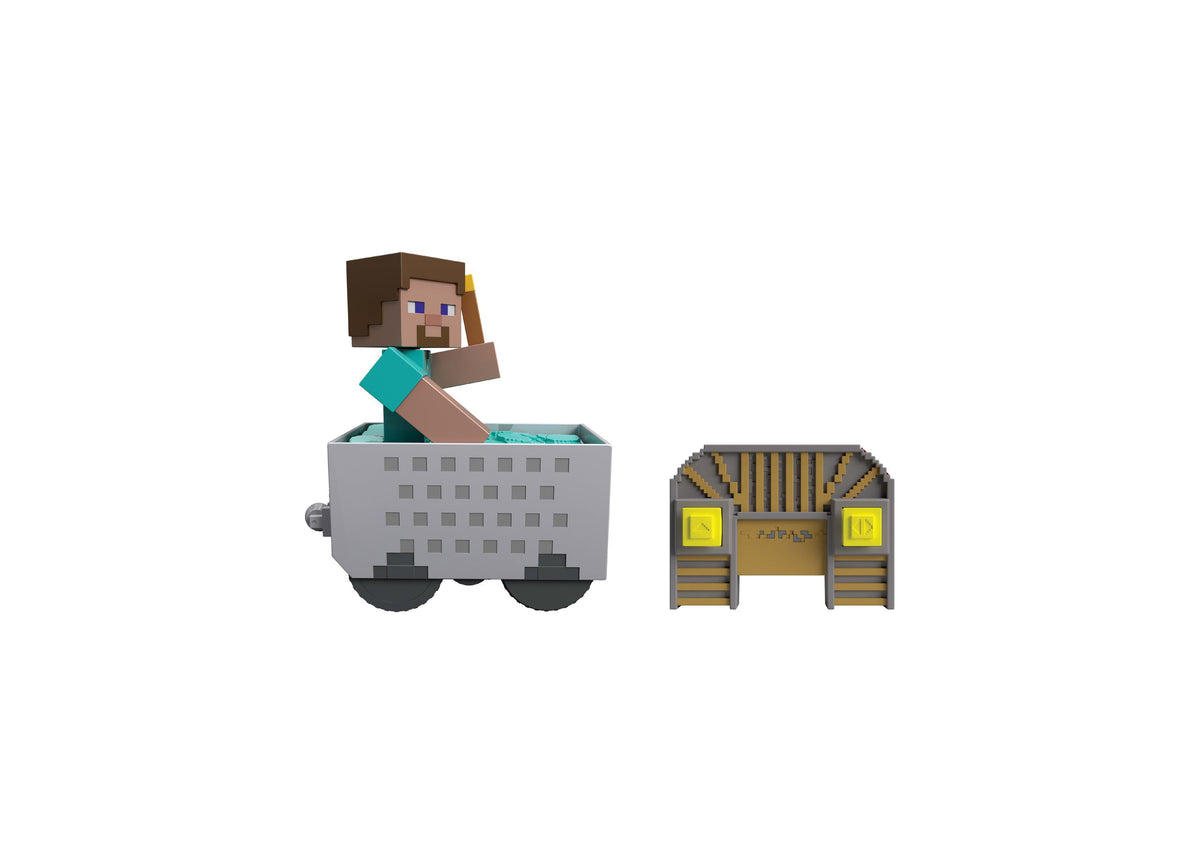 Minecraft Minecart RC Turbo Boost & Wheelie Stunt Vehicle with Steve character figure and gold-trimmed storage structure