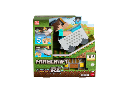 Minecraft Minecart RC Turbo Boost & Wheelie Stunt Vehicle with remote controller and minecart toy on green pixelated ...