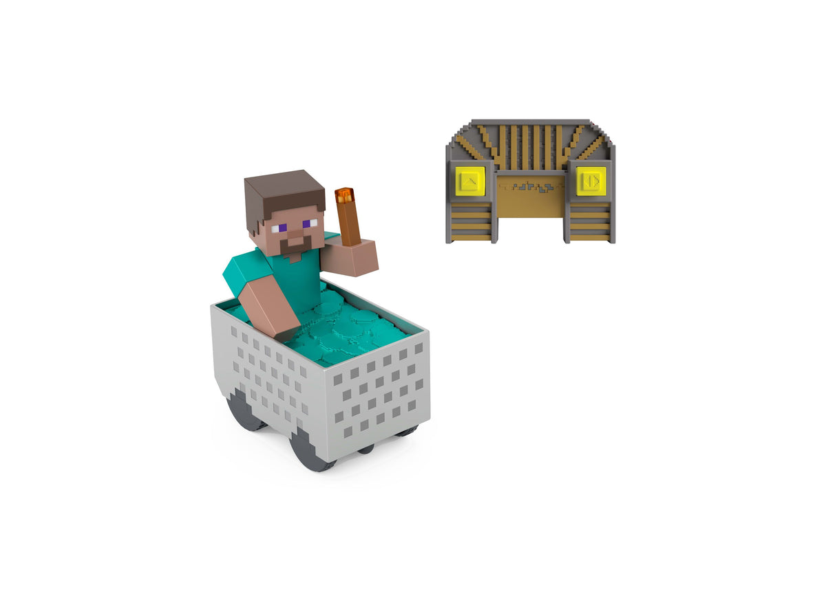 Minecraft Steve character in turbo boost RC minecart with remote controller and gold Egyptian tomb structure