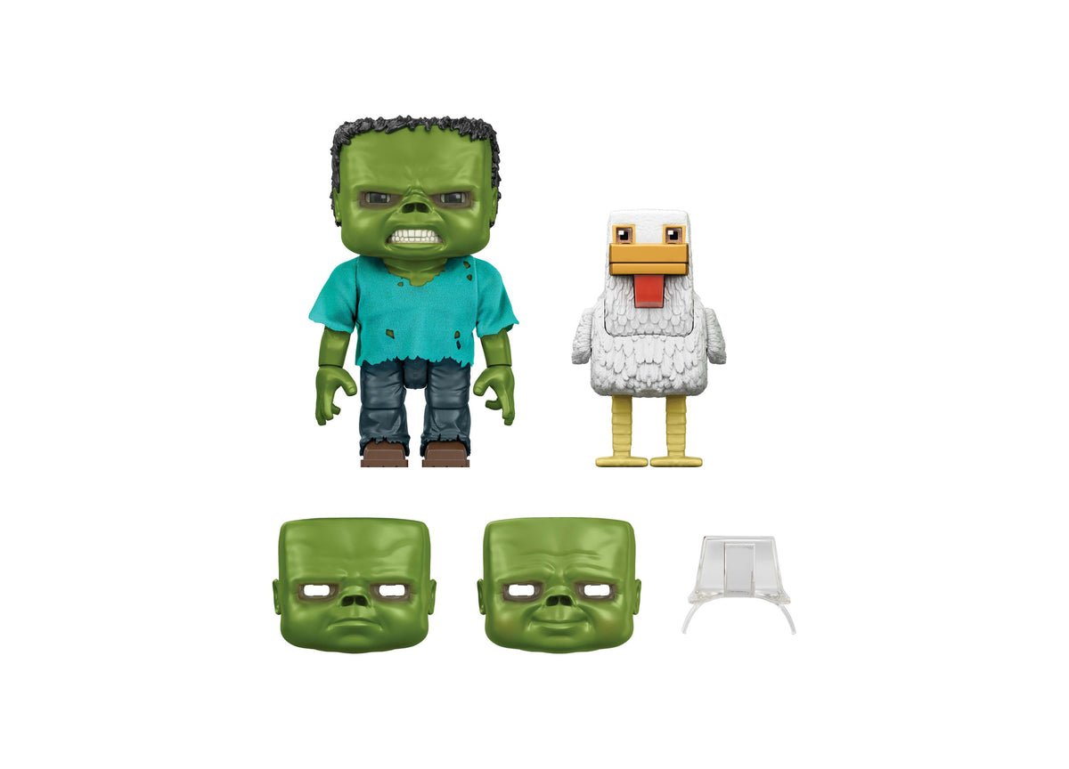 Minecraft Chicken Jockey Action Figure set with baby zombie rider, swappable faces, and removable saddle