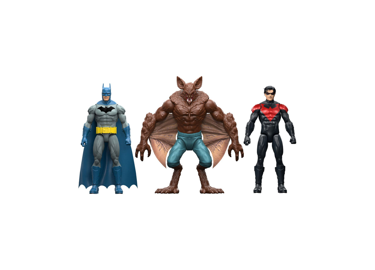 DC Comics Batman & Nightwing Versus Man-Bat 3-pack with three 12-inch action figures in blue, brown, and red costumes