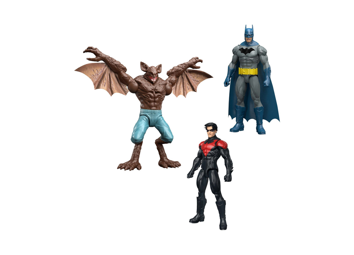 DC Comics Batman & Nightwing Versus Man-Bat 3-pack with three 12-inch action figures: Batman in blue and gray, Nightw...