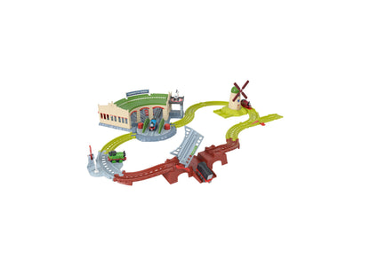 Thomas & Friends Explorin' Tidmouth Sheds train set with green and red track layout, station building, windmill, and ...