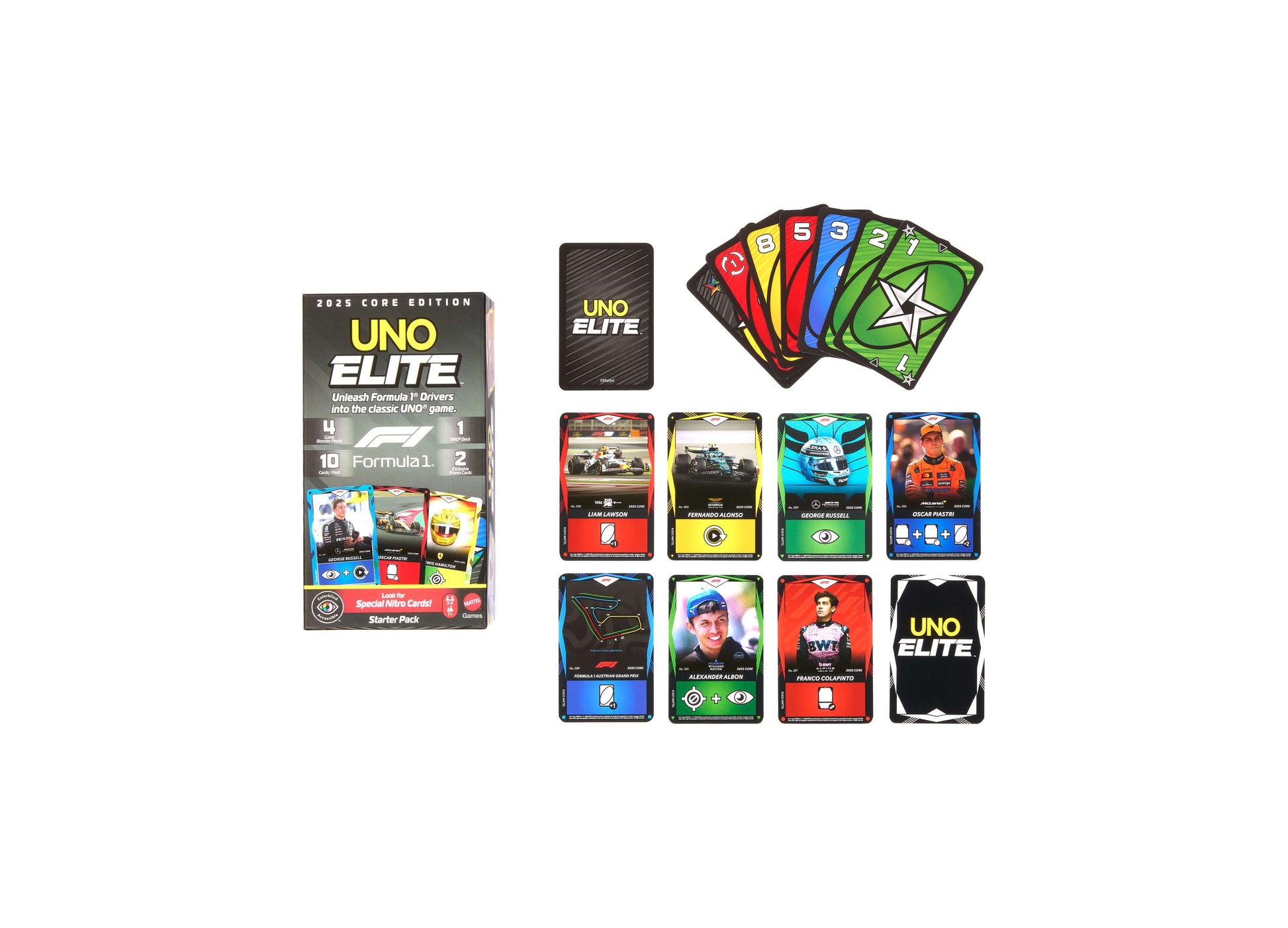 UNO Elite Formula 1 2025 Core Edition starter pack with colorful number cards and Formula 1 driver cards