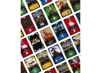 UNO Elite Formula 1 2025 card game featuring F1 drivers on colorful cards in red, yellow, blue and green