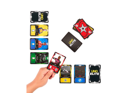 Mattel UNO Elite Formula 1 2025 card game set with colorful deck boxes and cards displayed