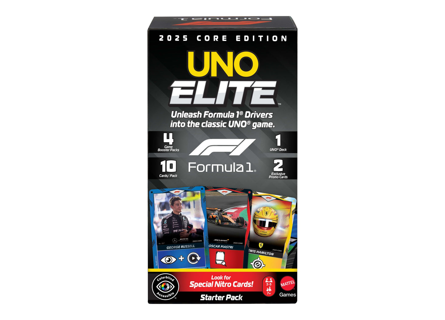 UNO Elite Formula 1 2025 Core Edition card game starter pack with George Russell and Lewis Hamilton driver cards