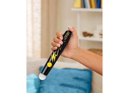 Child holding Mattel Pictionary Air Takeover drawing game with black pen and yellow lightning bolt design