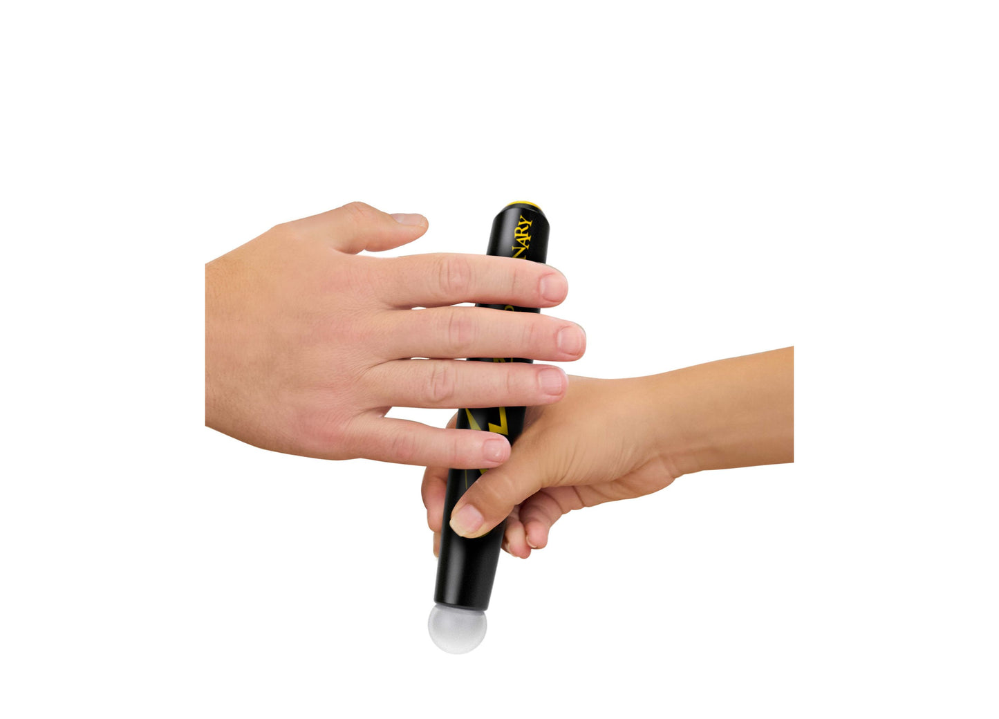 Mattel Pictionary Air drawing game with stylus held by two hands, black device with yellow accents