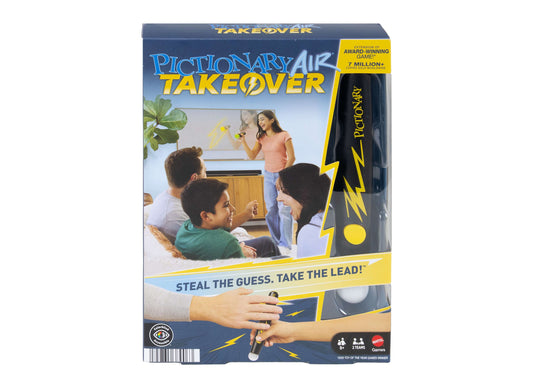 Mattel Pictionary Air Takeover drawing game box with Pictionary pen and game instructions for ages 8+