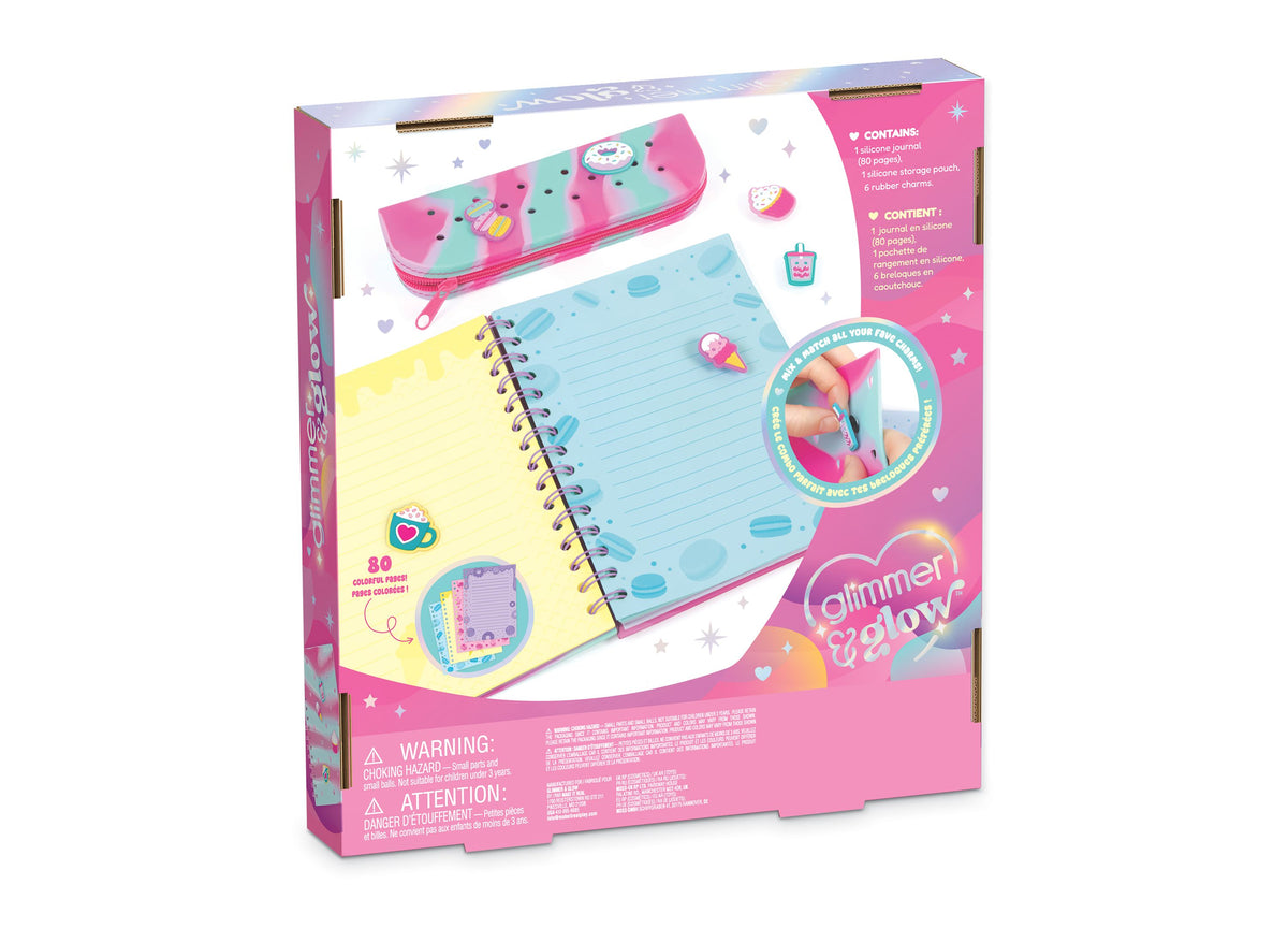 Make It Real Charming Journal & Pencil Pouch set with pink and turquoise pouch, spiral notebook, and colorful charms