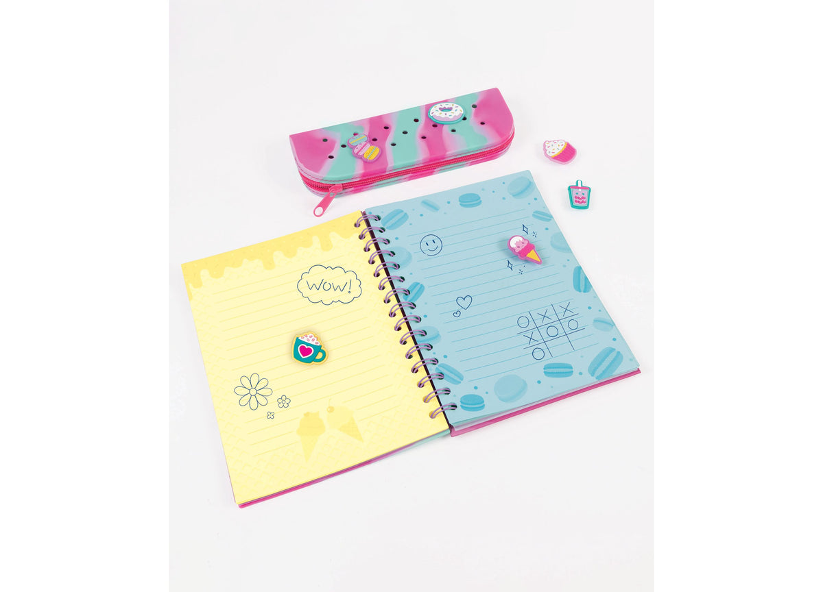 Make It Real Charming Journal & Pencil Pouch set with pink and turquoise pouch, spiral notebook with yellow and blue ...