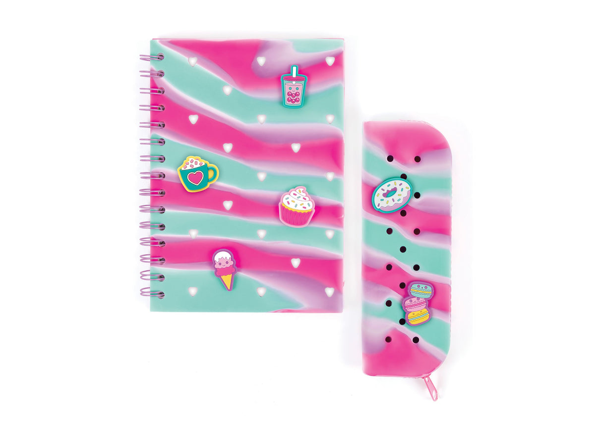 Make It Real Charming Journal & Pencil Pouch set with spiral-bound notebook and pouch in pink and turquoise with food...