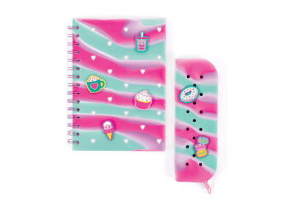 Make It Real Charming Journal & Pencil Pouch set with spiral-bound notebook and pouch in pink and turquoise with food...