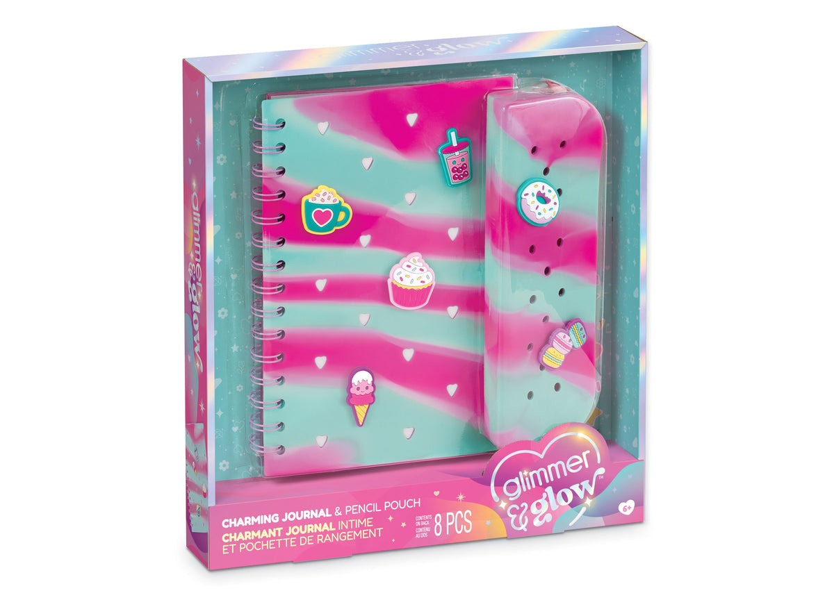 Make It Real Charming Journal & Pencil Pouch set with spiral-bound notebook, pink pouch, and decorative charms in tea...