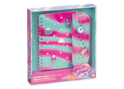 Make It Real Charming Journal & Pencil Pouch set with spiral-bound notebook, pink pouch, and decorative charms in tea...