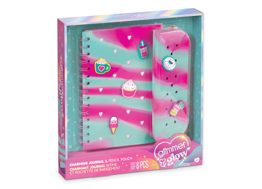Make It Real Charming Journal & Pencil Pouch set with spiral-bound notebook, pink pouch, and decorative charms in tea...