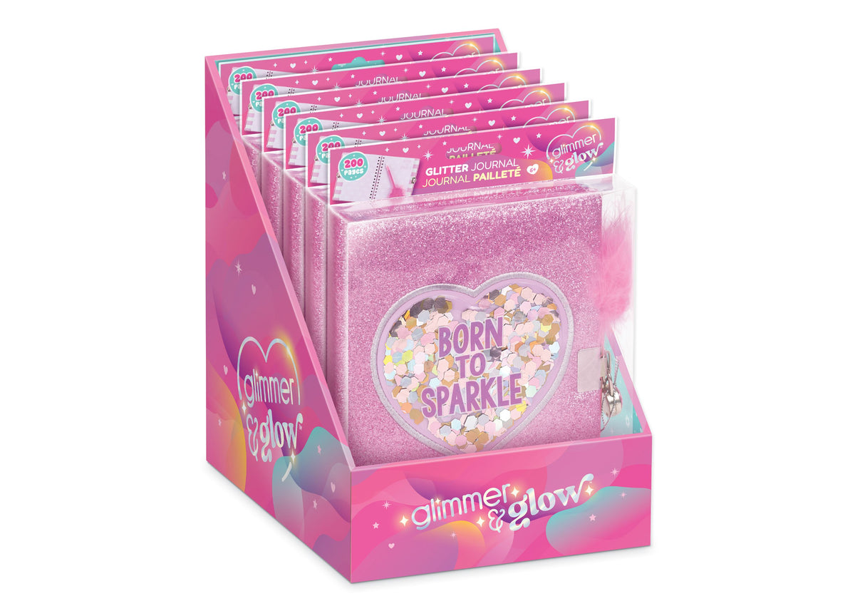 Make It Real Born To Sparkle Glitter Journal with heart-shaped shaker window and pink glitter cover, displayed in ret...