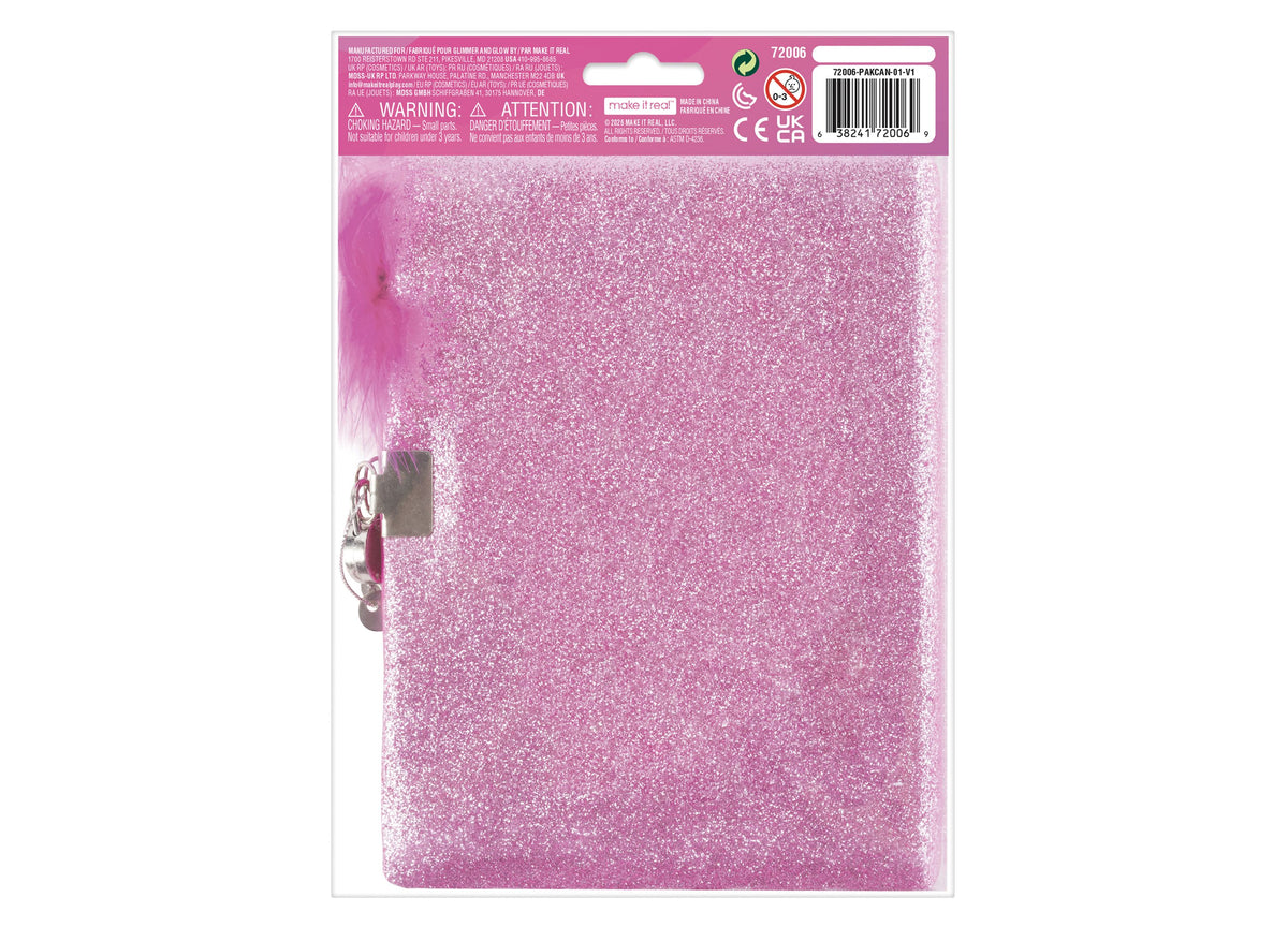 Make It Real Born To Sparkle Glitter Journal in pink with feathered pen charm