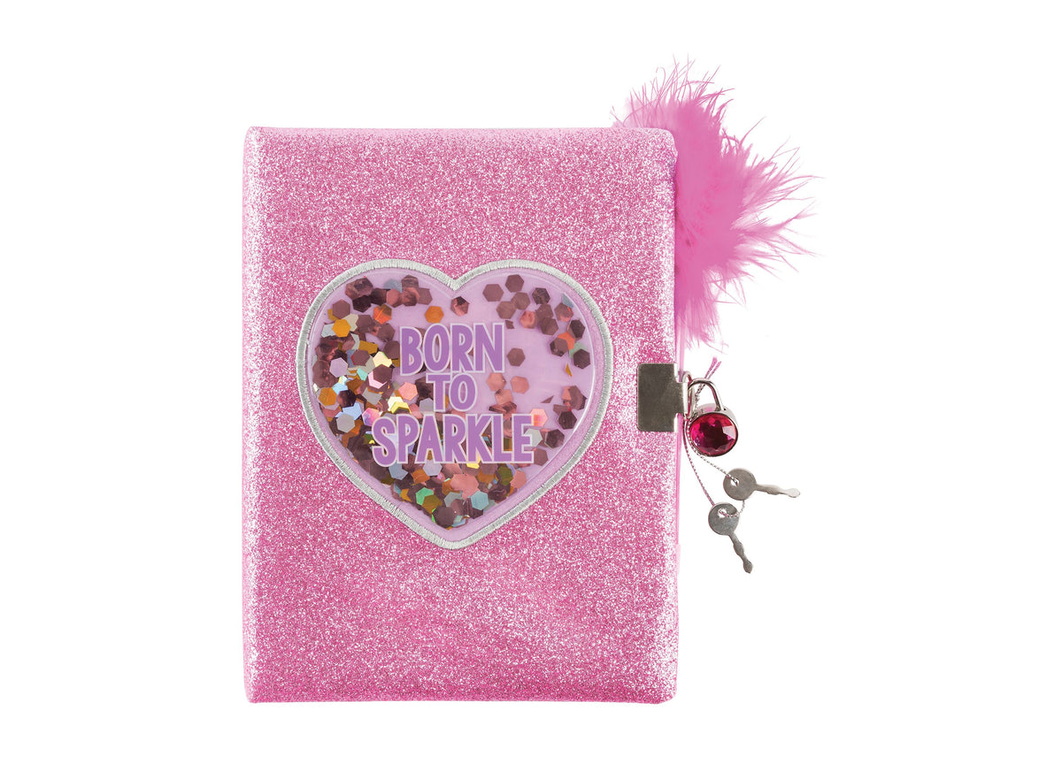 Make It Real Born To Sparkle Glitter Journal with pink glitter cover, heart-shaped shaker window, lock, keys, and fea...