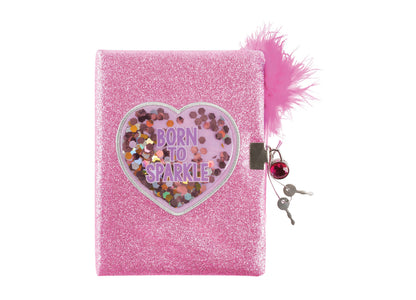 Make It Real Born To Sparkle Glitter Journal with pink glitter cover, heart-shaped shaker window, lock, keys, and fea...