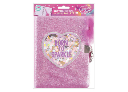 Make It Real Born To Sparkle Glitter Journal with pink glitter cover, heart-shaped shaker window, and feathery pen