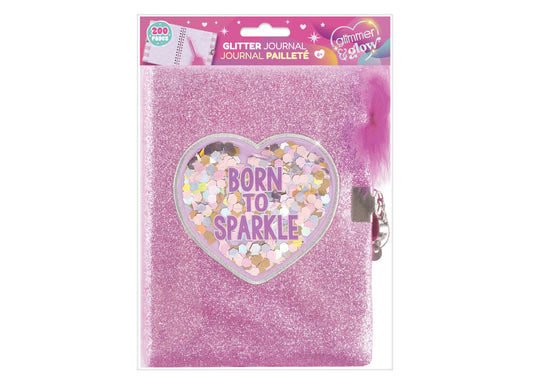 Make It Real Born To Sparkle Glitter Journal with pink glitter cover, heart-shaped shaker window, and feathery pen
