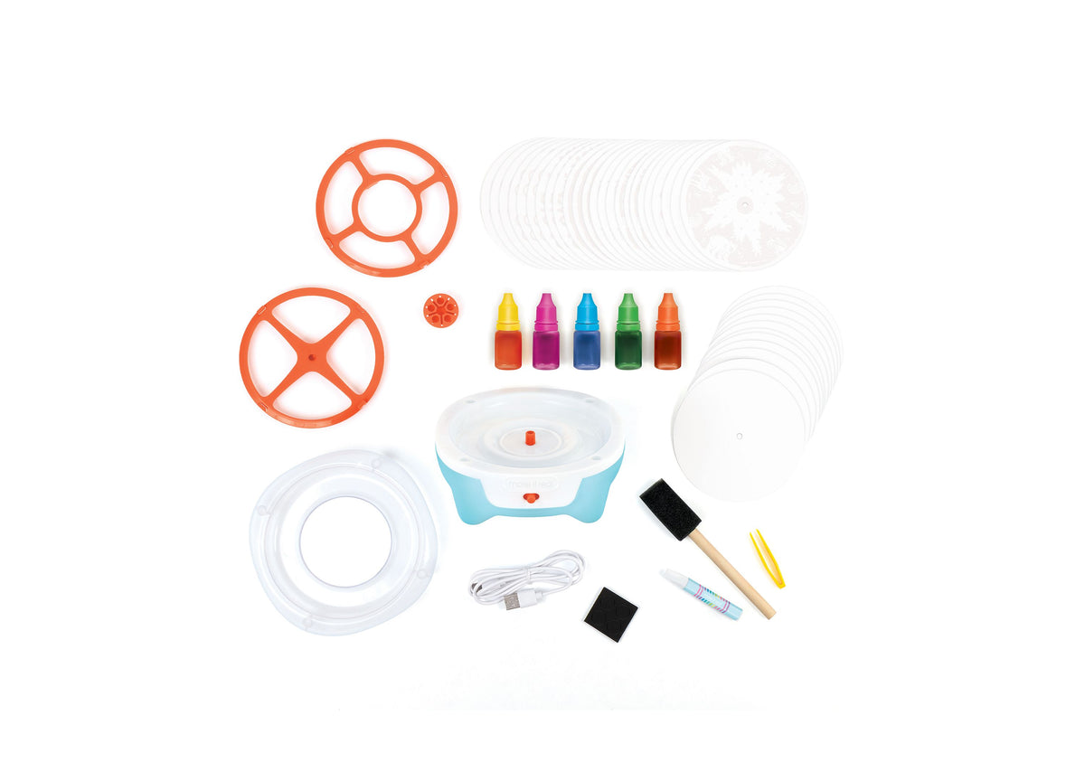 Make It Real Spin Art Innovation Station set with orange hub, colored ink bottles, spin disks, and art tools