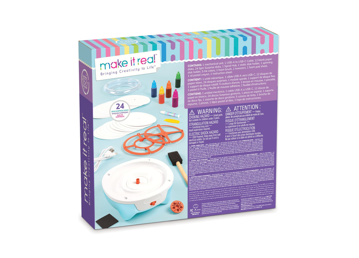 Make It Real Spin Art Innovation Station box showing turquoise mechanical unit, colorful markers, white disks, and or...