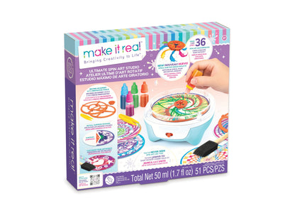 Make It Real Spin Art Innovation Station with light blue spinning hub, colorful marker bottles, and decorated spin ar...