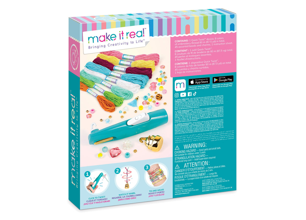 Make It Real Quick Twist Bracelet Maker with turquoise device, colorful embroidery threads, beads, and instruction steps