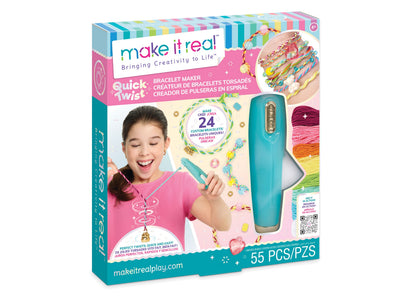 Make It Real Quick Twist Bracelet Maker turquoise device with colorful braided bracelets and beads on packaging
