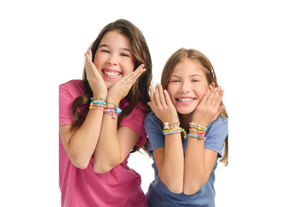 Make It Real Quick Twist Bracelet Maker creates colorful cord bracelets; two girls wearing finished beaded bracelets ...