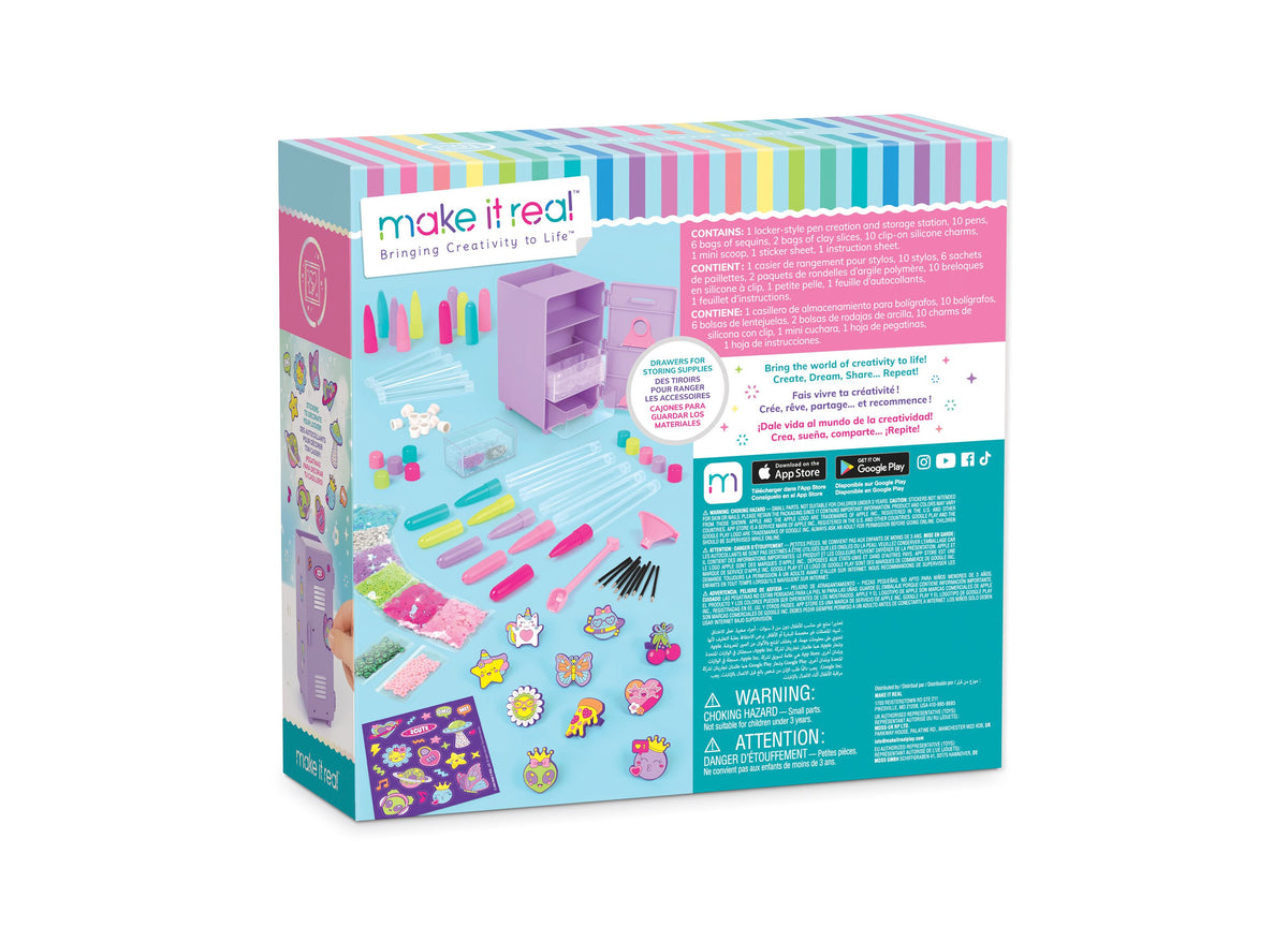 Make It Real Write in Style Pen Creation Station with locker-shaped storage, colorful pens, sequins, charms, and stic...