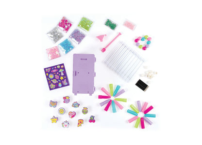 Make It Real Write in Style Pen Creation Station with purple locker, colorful markers, sequins, stickers, and charms